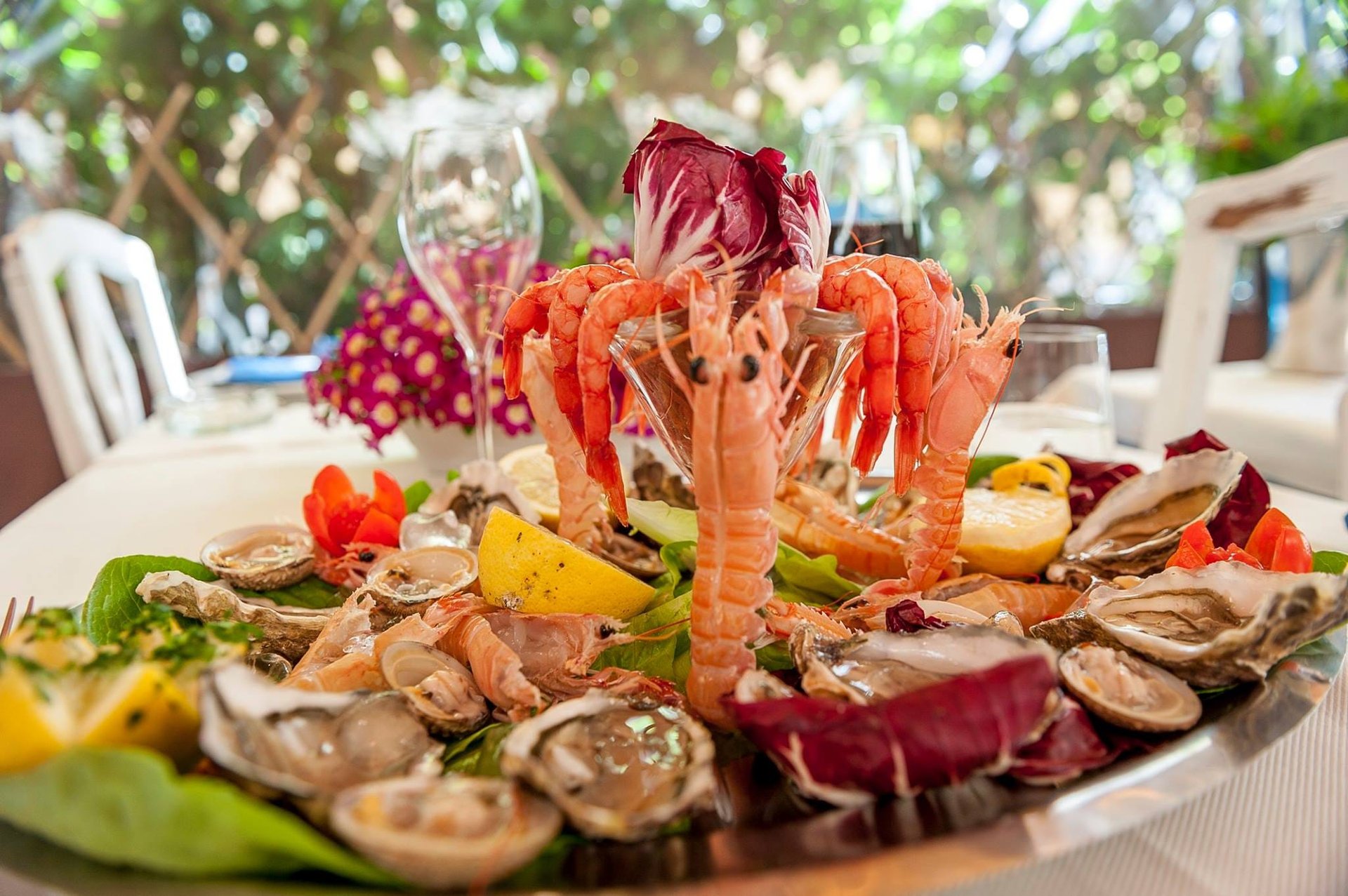 Piatto di crudi (scampi, gamberi, ostriche) su tavola nel pergolato verde, calici e fiori dietro, Hostaria del Vicoletto