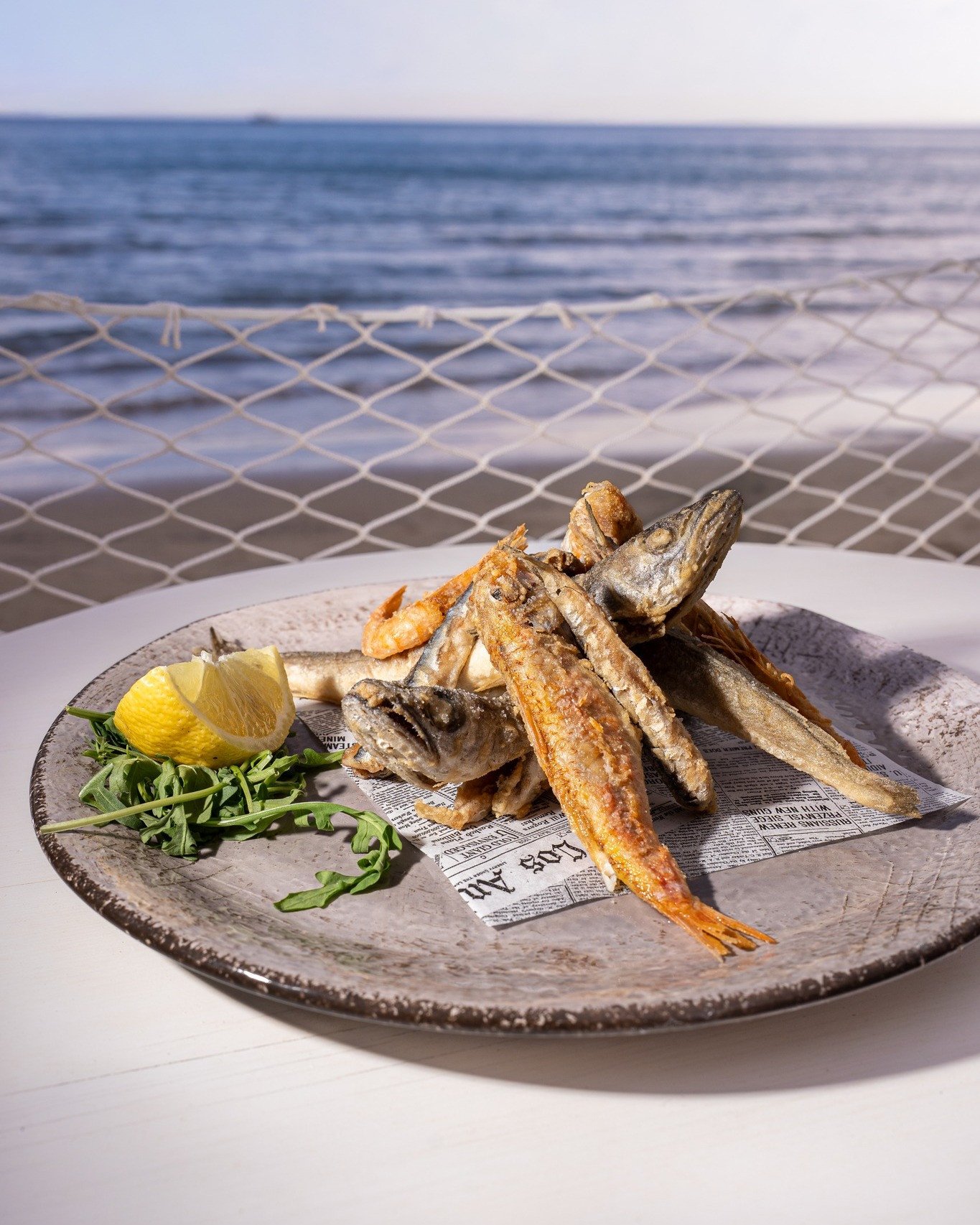 Piatto di pesce fritto (pesci interi) con limone e rucola, mare dietro la rete della terrazza, Le Palme Village / Zero Food Experience